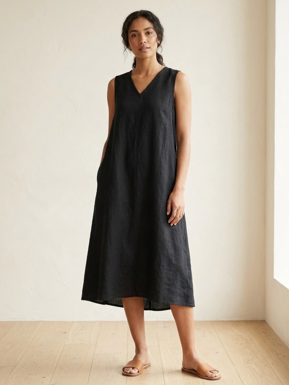 Muji 100% Linen Dress V Neck High Low Lagenlook Resort , S